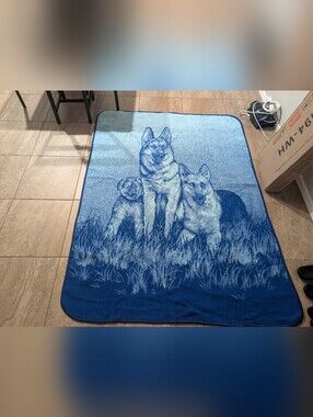 VINTAGE San Marcos German Shepherds Blanket Reversible Blue White Dogs 85"x60"